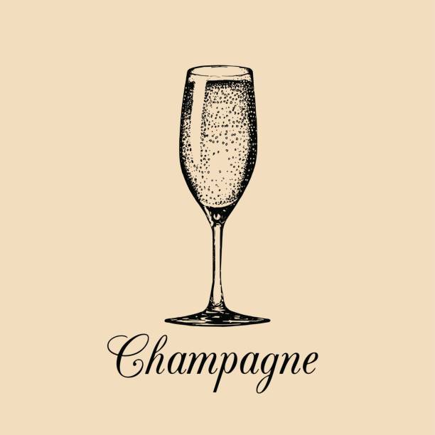 Champagne glass isolated. Vector hand drawn sketch of spumante. Alcoholic drink icon. A white sparkling wine sign for restaurant, bar, cafe menu design.