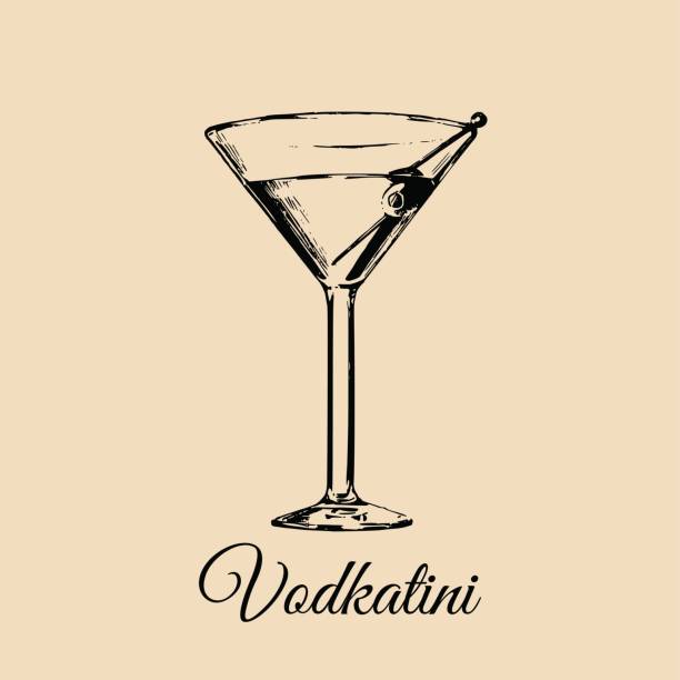 illustrations, cliparts, dessins animés et icônes de vodkatini verre isolé. main dessiné croquis du traditionnel cocktail avec olive pour restaurant, bar, café conception de menus. - martini glass illustrations