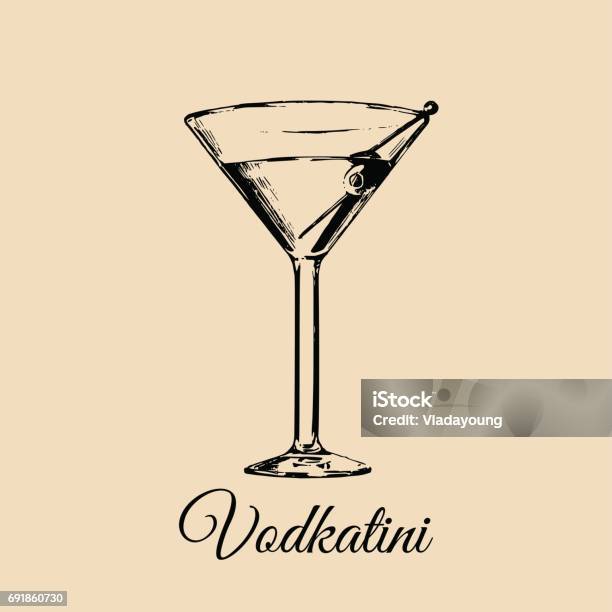 Vodkatini Glass Isolated Hand Drawn Sketch Of Traditional Cocktail With Olive For Restaurant Bar Cafe Menu Design Stock Illustration - Download Image Now