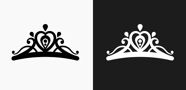 Tiara Icon on Black and White Vector Backgrounds. This vector illustration includes two variations of the icon one in black on a light background on the left and another version in white on a dark background positioned on the right. The vector icon is simple yet elegant and can be used in a variety of ways including website or mobile application icon. This royalty free image is 100% vector based and all design elements can be scaled to any size.