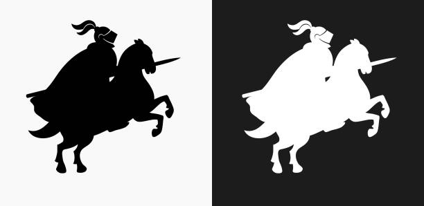 ilustrações, clipart, desenhos animados e ícones de jousting knight ícone em preto e branco vector backgrounds - black knight