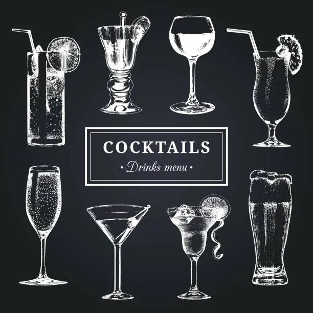 Vector illustration of Cocktails menu. Hand sketched alcoholic beverages glasses. Vector set of drinks illustrations, beer, pina colada etc.