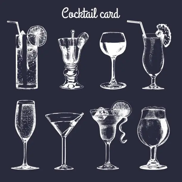 Vector illustration of Cocktail card. Hand sketched alcoholic beverages glasses. Vector set of drinks illustrations, vodkatini, champagne etc.