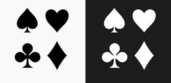 Card Symbols Set Icon on Black and White Vector Backgrounds. This vector illustration includes two variations of the icon one in black on a light background on the left and another version in white on a dark background positioned on the right. The vector icon is simple yet elegant and can be used in a variety of ways including website or mobile application icon. This royalty free image is 100% vector based and all design elements can be scaled to any size.