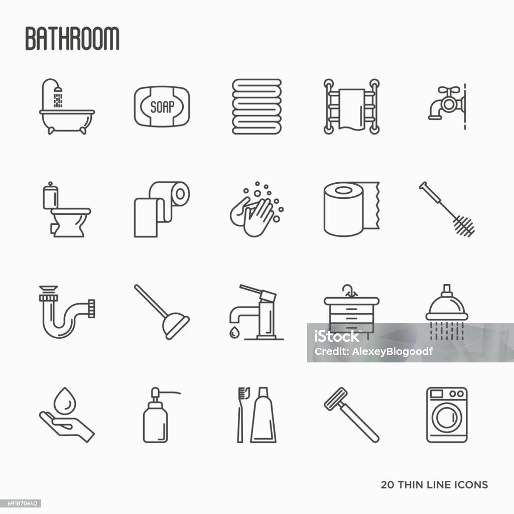 Set of bathroom equipment thin line icons. Vector illustration. Hygiene, purity, beauty, plumber related icons. Domestic Bathroom stock vector