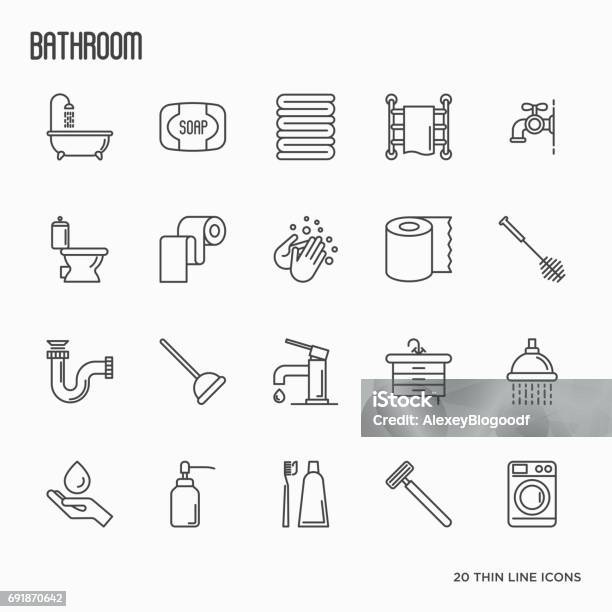 Set Of Bathroom Equipment Thin Line Icons Vector Illustration Hygiene Purity Beauty Plumber Related Icons Stock Illustration - Download Image Now