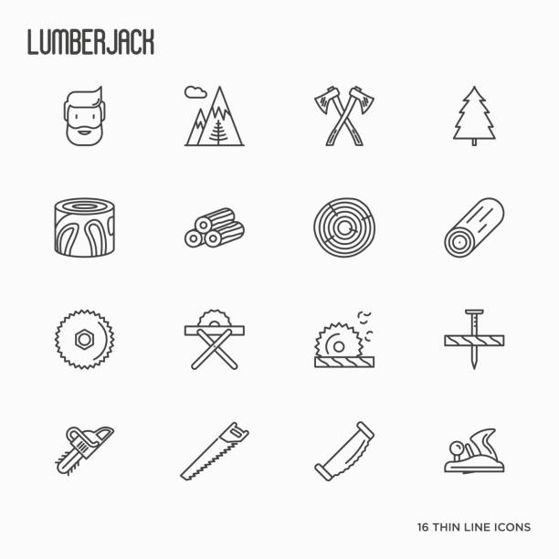 protokollierung und holzfäller mit bart, die im zusammenhang mit dünnen linie symbole: holz, bauholz, sägewerk, hobel und forstmaschinen. vektor-illustration. - lumberjack lumber industry forester axe stock-grafiken, -clipart, -cartoons und -symbole