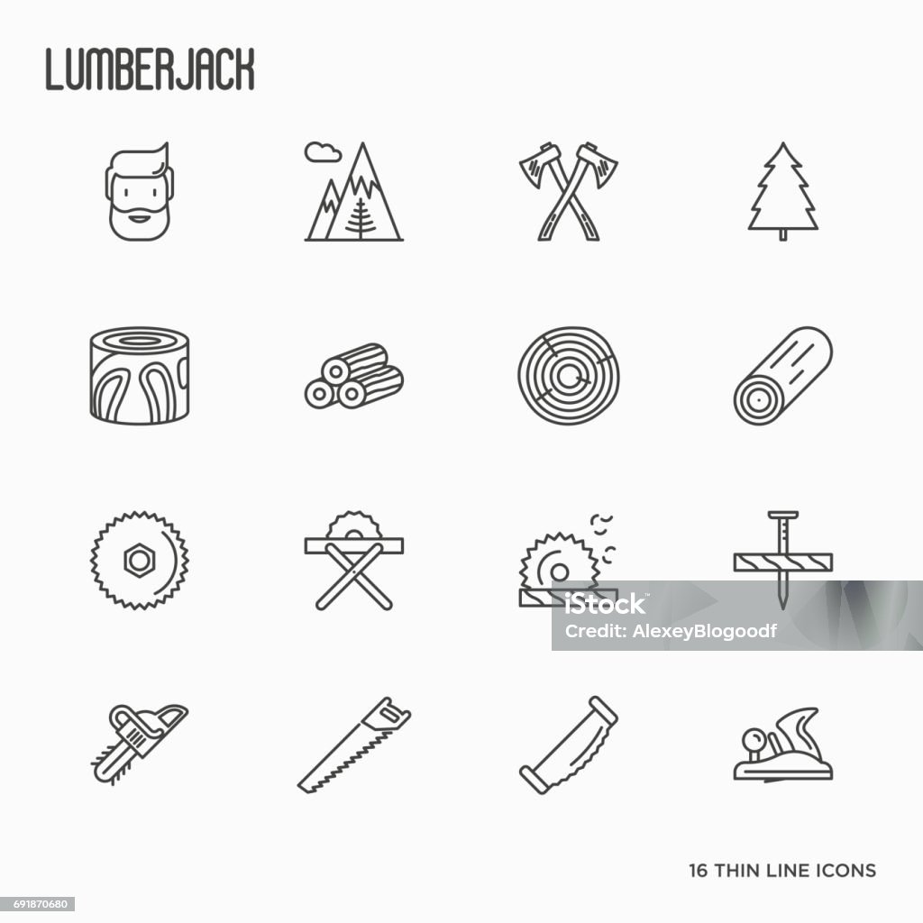 Logging and lumberjack with beard related thin line icons: jack-plane, sawmill, forestry equipment, timber, lumber. Vector illustration. Icon Symbol stock vector