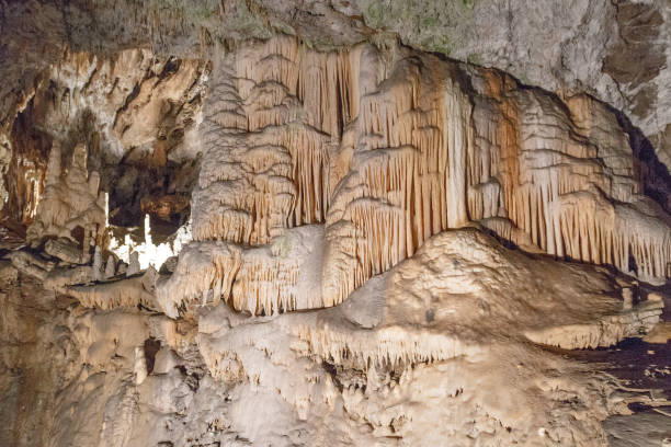 Detail of various stalactites in the cave stock photo