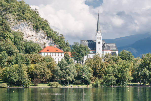 White church on lake Bled, Slovenia stock photo