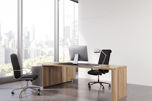Corner of a CEO office with a blank white wall, a wooden computer table, a visitor chair and a panoramic window. 3d rendering, mock up