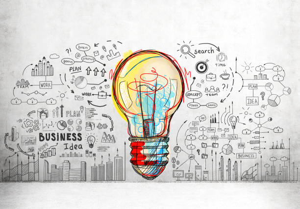 Colorful light bulb and business icons Large and colorful light bulb sketch surrounded by smaller business icons and words drawn on a concrete wall. brainstorming stock pictures, royalty-free photos & images