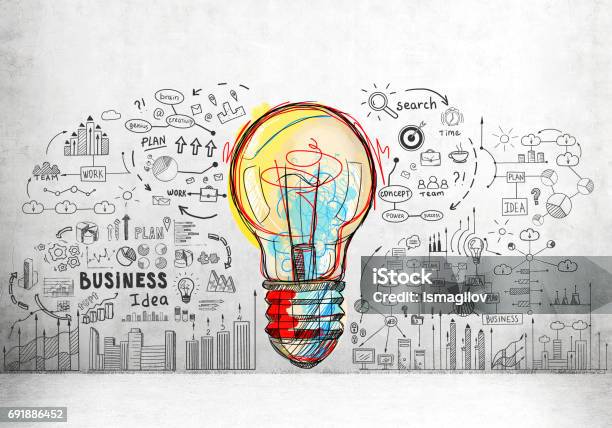 Colorful Light Bulb And Business Icons Stock Photo - Download Image Now - Inspiration, Ideas, Business