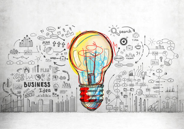 colorful light bulb and business icons - brainstorm imagens e fotografias de stock