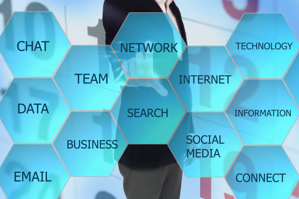 istock Businessman presses a business network icon on virtual hexagons screen. Businessman toched a social network button on touch screen. 691888676