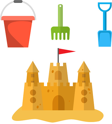 Beach toys and sand castle. Child pail, shovel and rake colorful icons. Children summer games and activities. vector illustration in flat design
