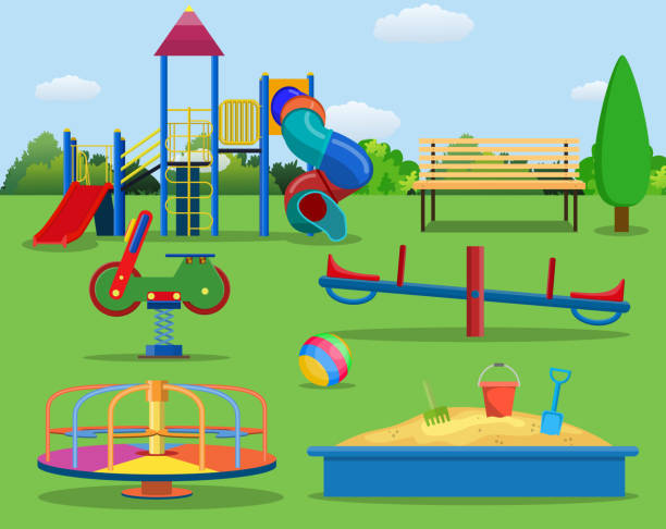 Kids playground cartoon concept background. Kids playground cartoon concept background. childrens playground in a city park. Vector llustration in flat design recess cartoon stock illustrations