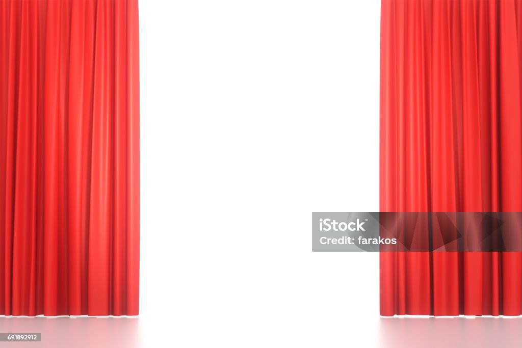 Open red stage curtains Open red velvet stage curtains on white background. 3D illustration Curtain Stock Photo