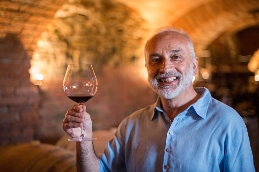 Family holidays in Langhe region, Piedmont, Italy: Man choosing and tasting wine