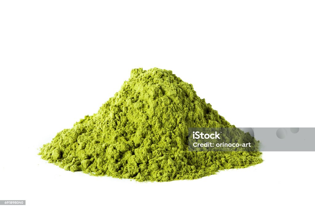 Green matcha tea powder Heap of green matcha tea powder isolated on white background Matcha Tea Stock Photo