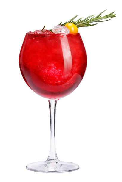 istock Refreshing cocktail with an ornament from rosemary and physalis on a white background. A red cocktail with ice. 691906080