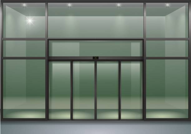 Facade with sliding doors The facade of a modern shopping center or station, an airport with automatic sliding doors. Vector graphics supermarket borders stock illustrations