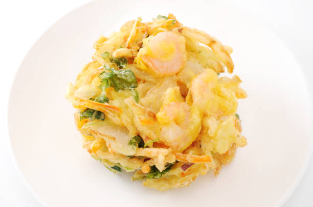 kakiage tempura shrimp vegetable on plate on white background