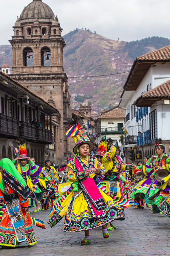CUSCO - PERU - JUNE 06, 2016 : Peruvian dancers at the parade in Cusco. People in traditional clothes.