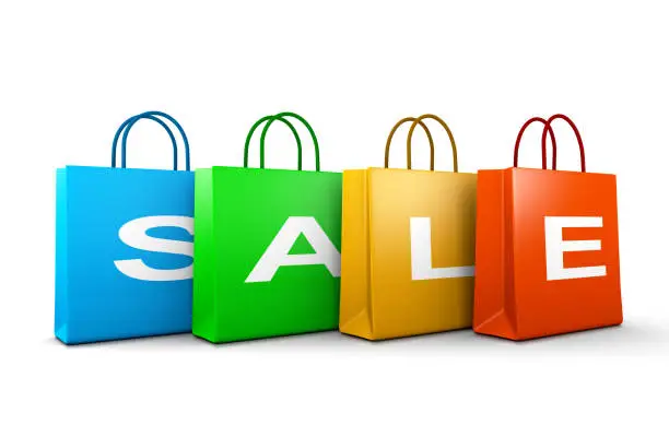 Sale Text Word on a Set of Four Colorful Shopping Bags Aligned on White Background 3D Illustration