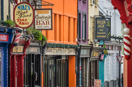 Pubs, bars and restaurant signs in a town in Ireland