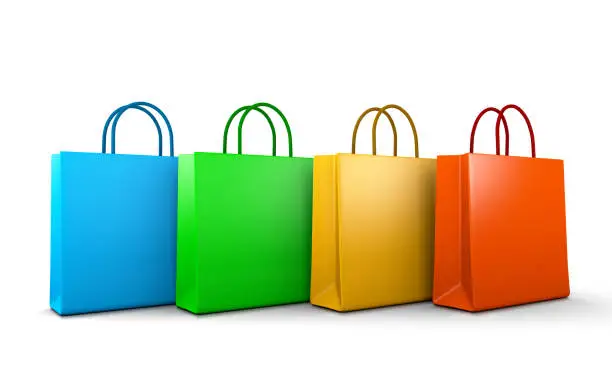 Four Colorful Shopping Bags Aligned on White Background 3D Illustration