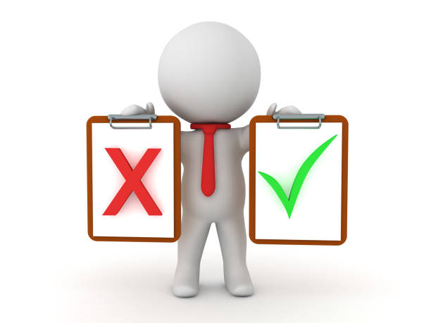 istock 3D Character holding a clipboard with a red x mark and one with green check 691930340