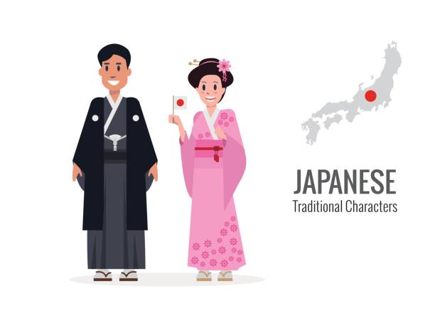 Japanese man and woman in traditional costume. Japan map and flag in the background. flat character design. vector illustration traditional thai costume stock illustrations