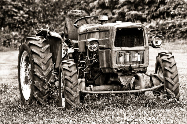 istock Old abandoned tractor -  Black and white 691937558