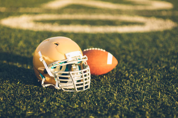 istock Gold Football Helmet on Field 691943564