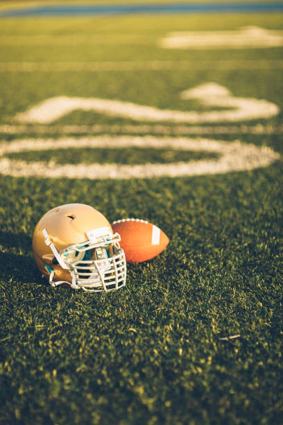 istock Gold Football Helmet on Field 691943568