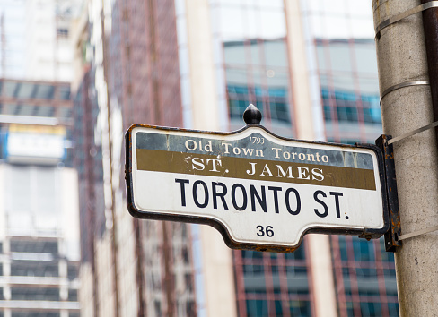 TORONTO, CANADA - 4TH AUGUST 2014: A closeup to a sign for Toronto Street in downtown Toronto