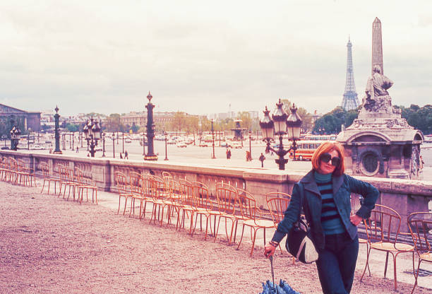 Vintage image from the seventies featuring a woman in the streets of Paris.