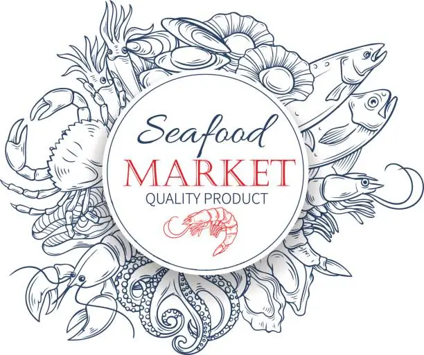 Vector illustration of Seafood hand drawn poster template