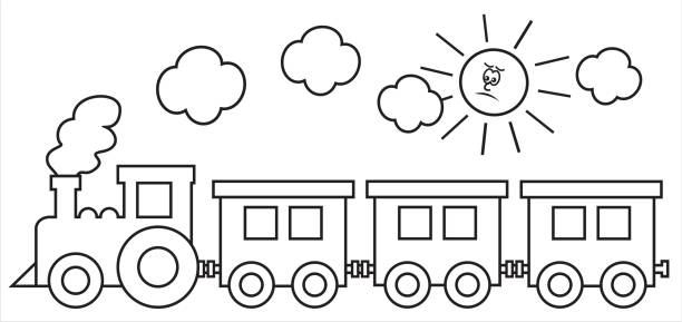 train and sun Steam locomotive with wagons. In background the smoke and the sun. Coloring book for kids. clip art of how to draw a train stock illustrations