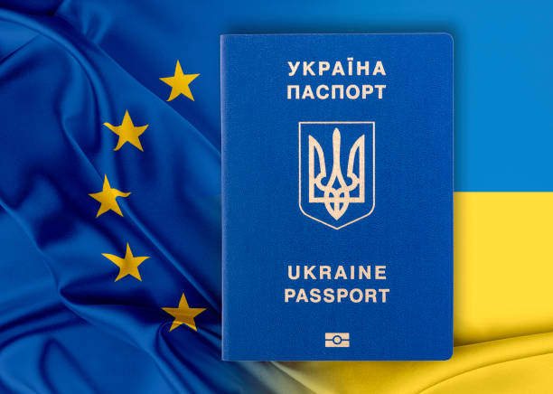 visa-free regime between ukraine and the european union - concept. - european union coin european union currency coin isolated objects imagens e fotografias de stock