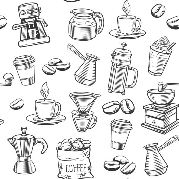 hand gezeichnet kaffee nahtlose muster - cafe breakfast scented coffee break stock-grafiken, -clipart, -cartoons und -symbole