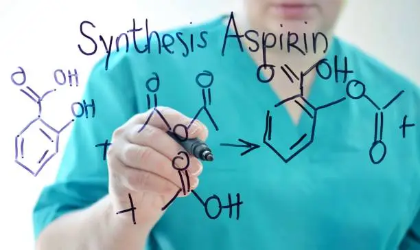 Photo of Chemical formula of aspirin, synthesis.