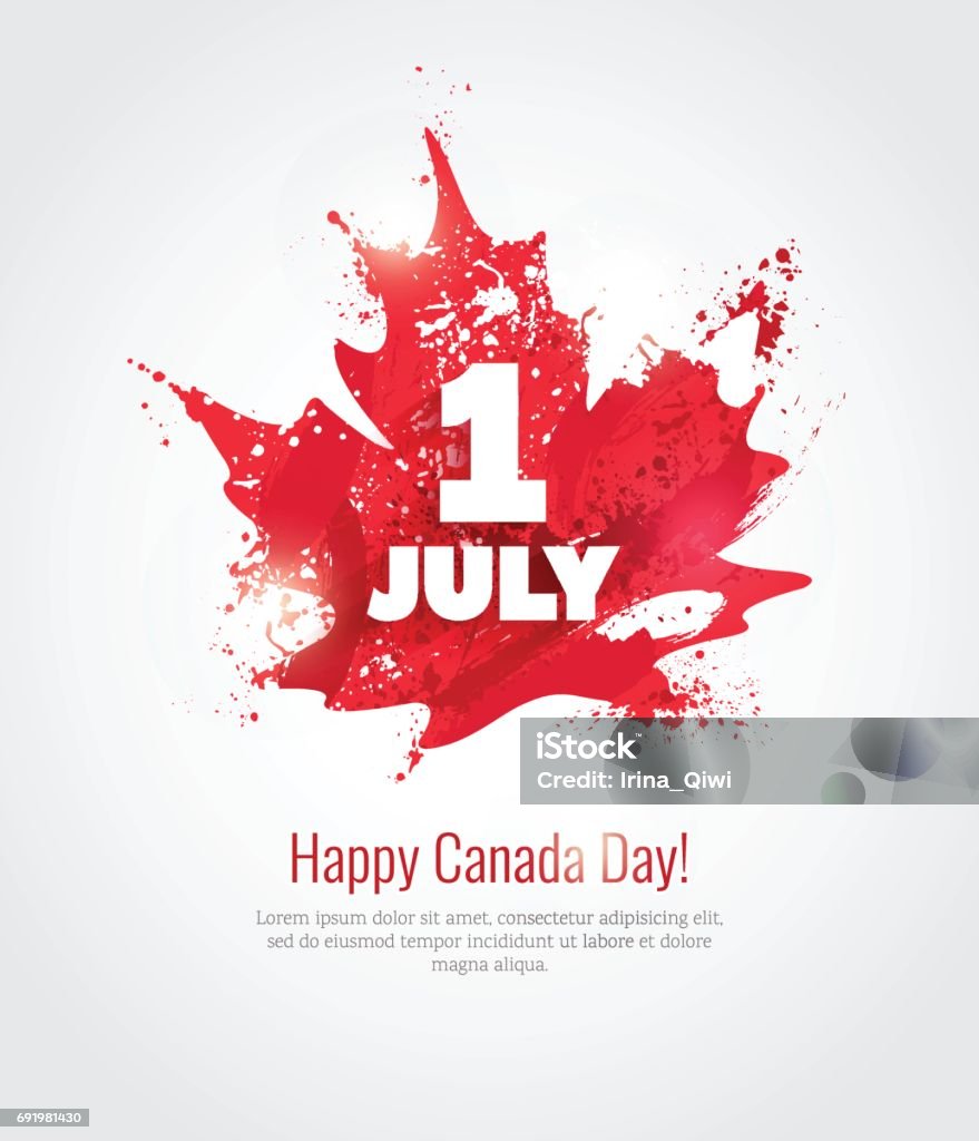 1 July. Happy Canada Day greeting card. 1 July. Happy Canada Day greeting card. Celebration background with maple silhouette and watercolor splatters. Vector illustration Canada stock vector