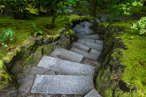 A view of steps and lush growth on a May 2017 evening. This is at the Portland Japanese Garden in Portland, Oregon.\n