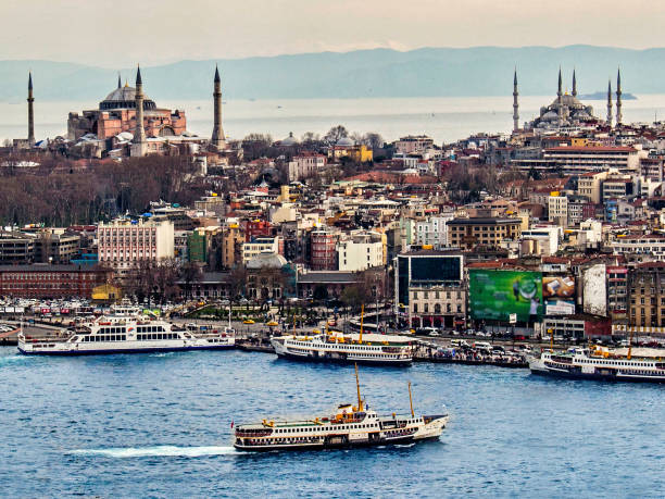 Blue Mosque and Hagia Sophia from Galata Tower.