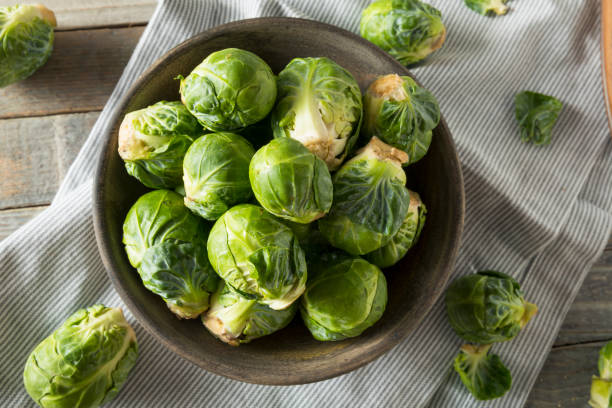 raw organic green brussel sprouts - brusselsprouts imagens e fotografias de stock