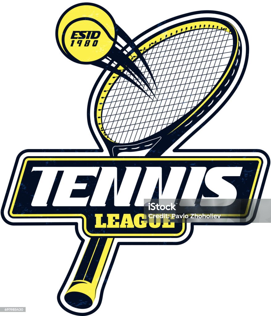 Distintivo de liga de tênis de vetor com textura sobreposta para seu projeto, impressão ou internet - Vetor de Tênis - Esporte de Raquete royalty-free