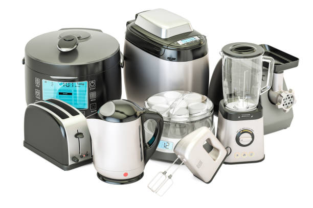 Set of kitchen home appliances. Toaster, kettle, mixer, blender, "yogurt maker", multicooker, grinder, bread machine, 3D rendering isolated on white background Set of kitchen home appliances. Toaster, kettle, mixer, blender, "yogurt maker", multicooker, grinder, bread machine, 3D rendering isolated on white background toaster appliance stock pictures, royalty-free photos & images