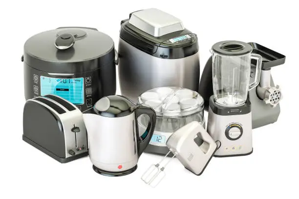 Photo of Set of kitchen home appliances. Toaster, kettle, mixer, blender, 